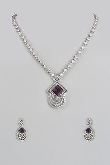 White Finish Purple Stone & Zircon Long Necklace Set