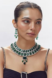 White Finish Emerald Green Stone & Zircon Long Necklace Set