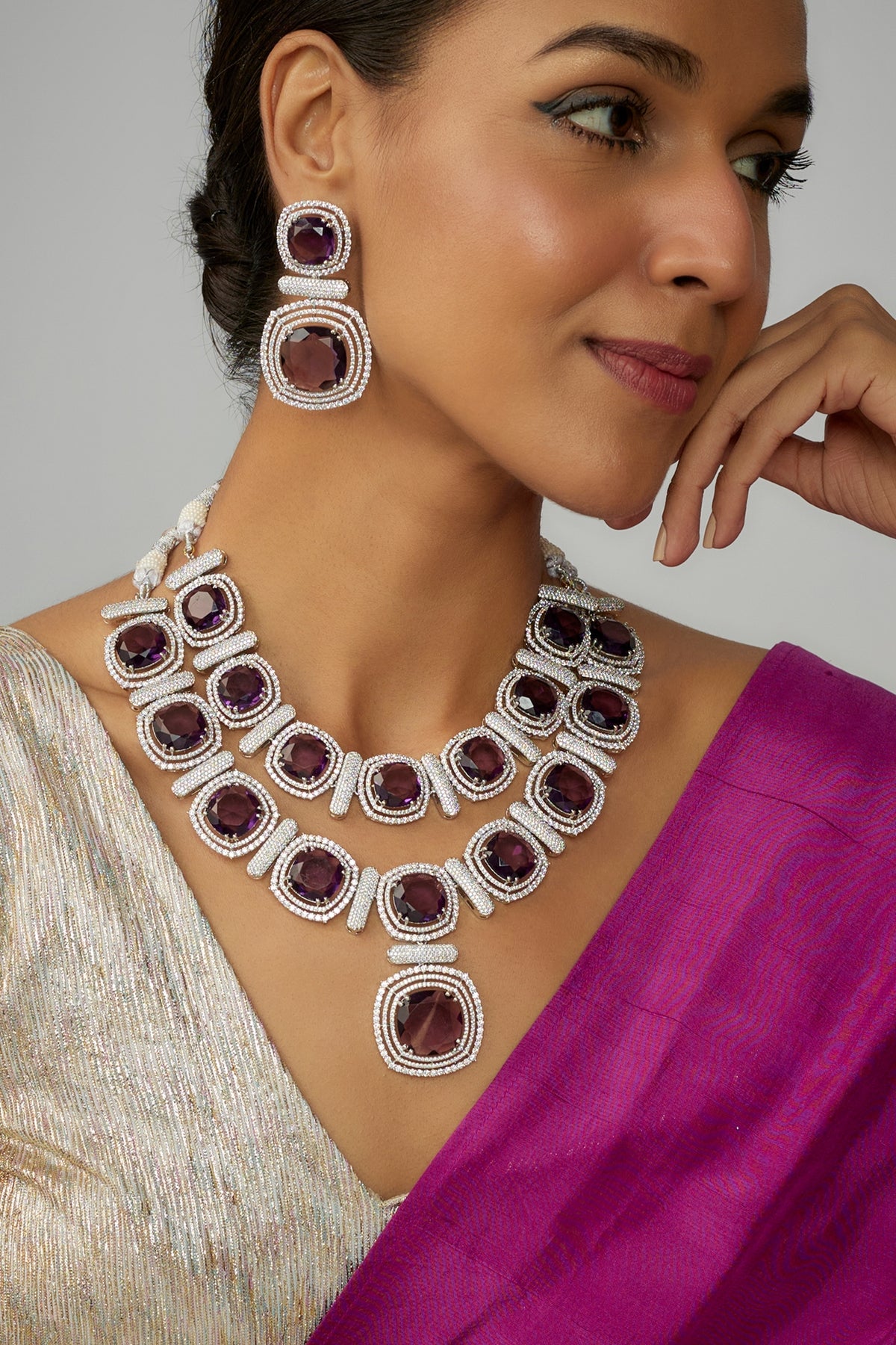 White Finish Purple Stone & Zircon Necklace Set