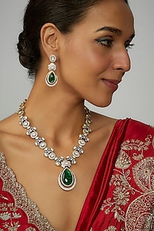 Gold Finish Green Stone & Kundan Polki Necklace Set