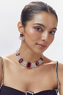 White Finish Red Stone & Zircon Necklace Set