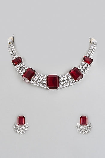 White Finish Red Stone & Zircon Necklace Set