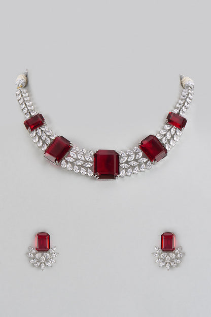 White Finish Red Stone & Zircon Necklace Set