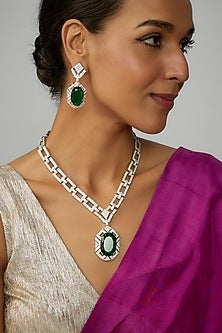 White Finish Green Stone & Zircon Long Necklace Set
