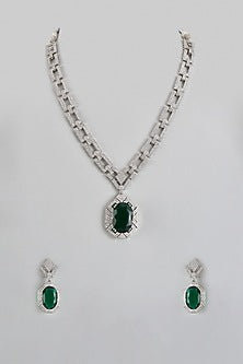 White Finish Green Stone & Zircon Long Necklace Set