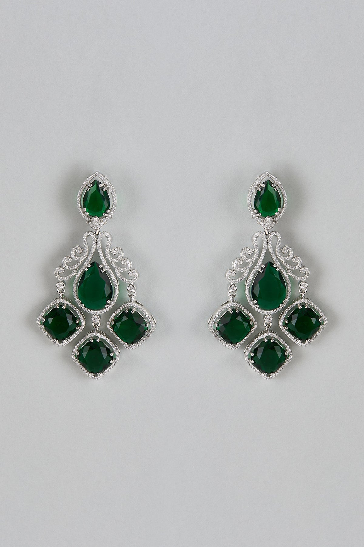 White Finish Green Stone & Zircon Dangler Earrings