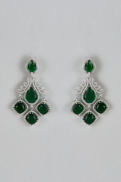 White Finish Green Stone & Zircon Dangler Earrings