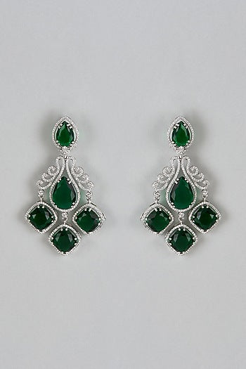 White Finish Green Stone & Zircon Dangler Earrings