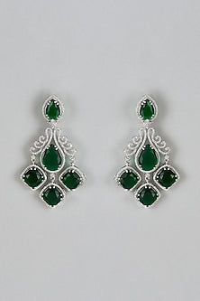 White Finish Green Stone & Zircon Dangler Earrings