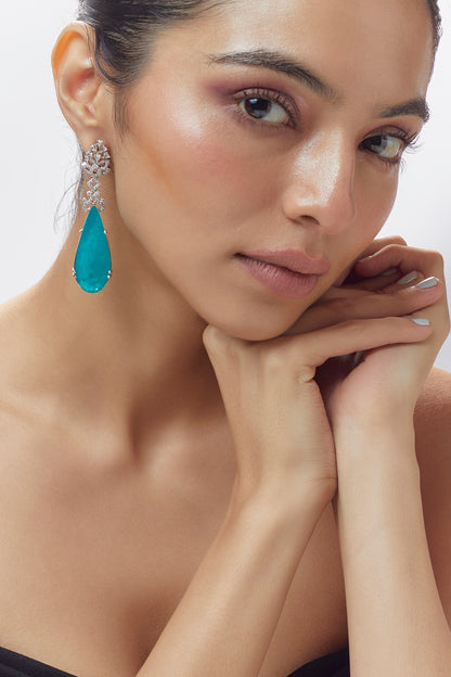 White Finish Aqua Stone & Zircon Dangler Earrings