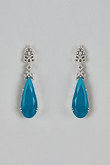 White Finish Aqua Stone & Zircon Dangler Earrings