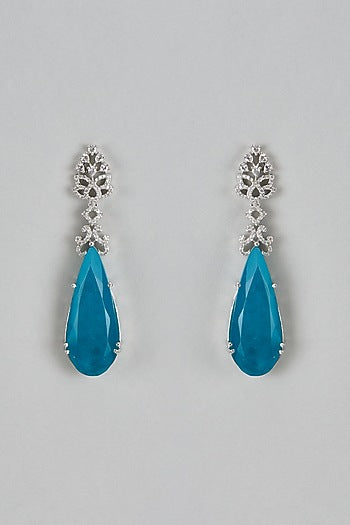 White Finish Aqua Stone & Zircon Dangler Earrings