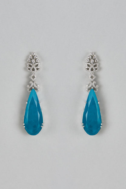 White Finish Aqua Stone & Zircon Dangler Earrings