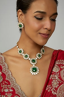 Two Tone Finish Green Stone & Kundan Polki Long Necklace Set
