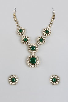 Two Tone Finish Green Stone & Kundan Polki Long Necklace Set