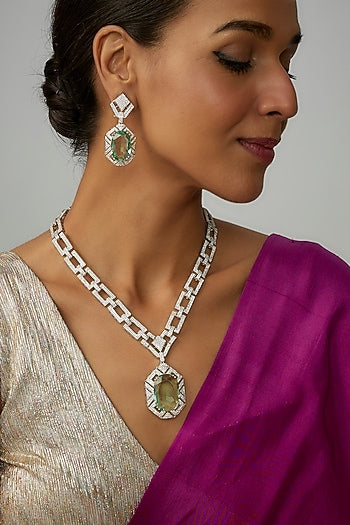 White Finish Green Stone & Zircon Long Necklace Set