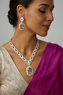 White Finish Green Stone & Zircon Long Necklace Set