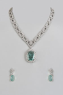 White Finish Green Stone & Zircon Long Necklace Set