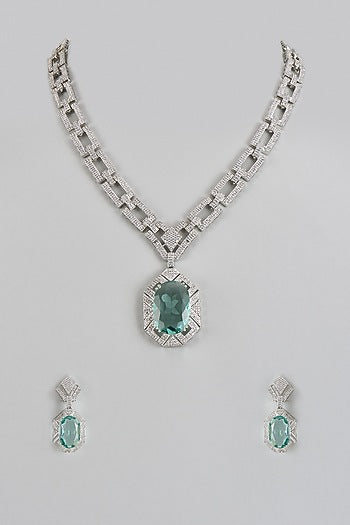 White Finish Green Stone & Zircon Long Necklace Set