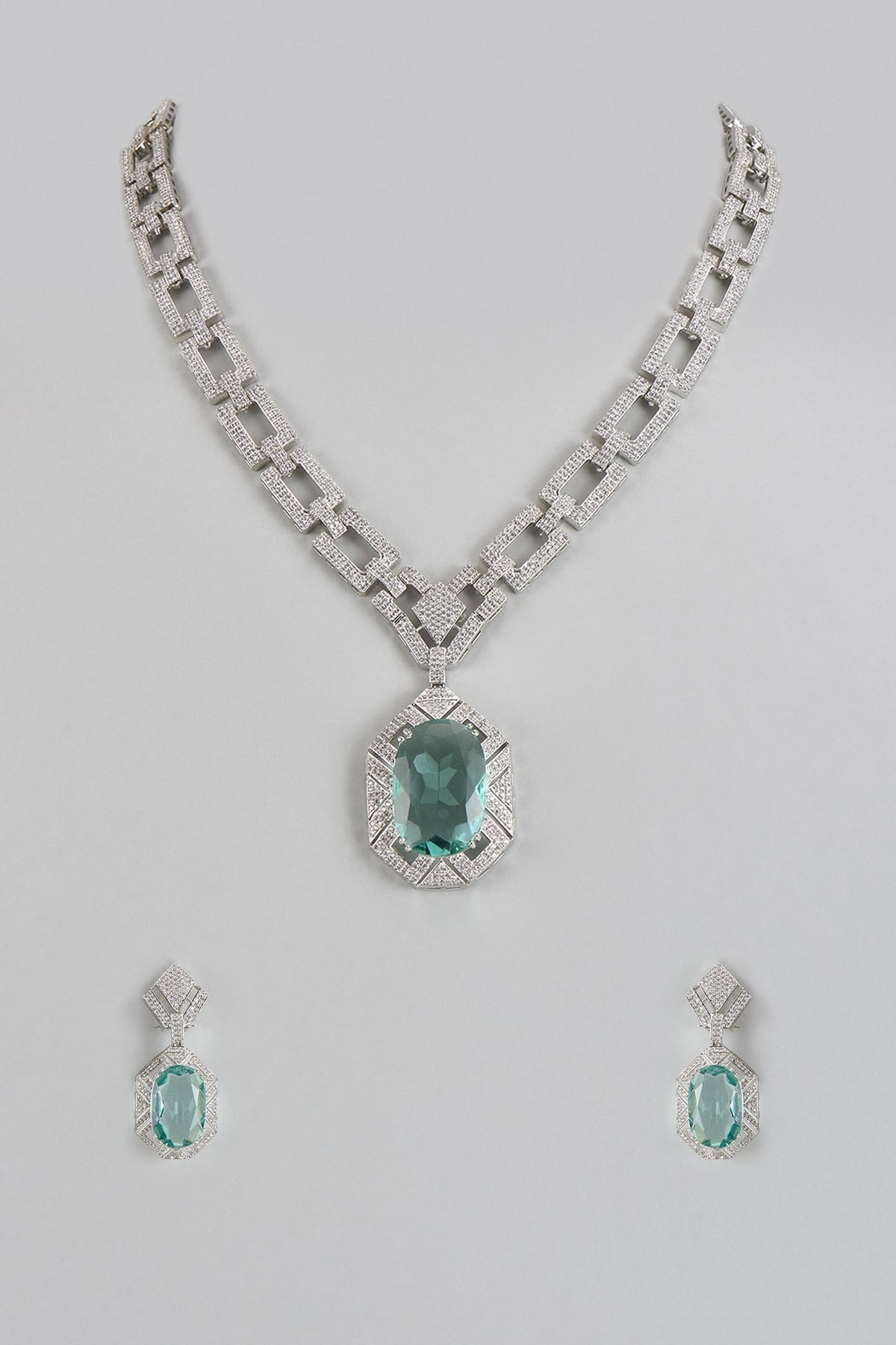 White Finish Green Stone & Zircon Long Necklace Set