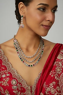 Two Tone Finish Multi-Colored Stone & Zircon Layered Necklace Set