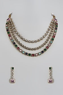 Two Tone Finish Multi-Colored Stone & Zircon Layered Necklace Set