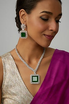 White Finish Green Stone & Zircon Long Necklace Set