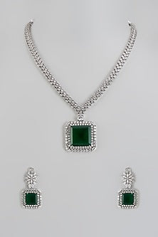 White Finish Green Stone & Zircon Long Necklace Set