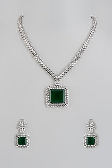 White Finish Green Stone & Zircon Long Necklace Set
