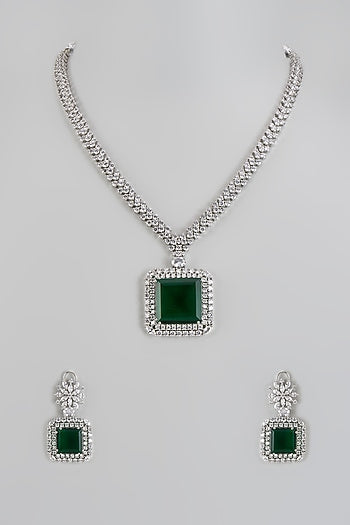 White Finish Green Stone & Zircon Long Necklace Set