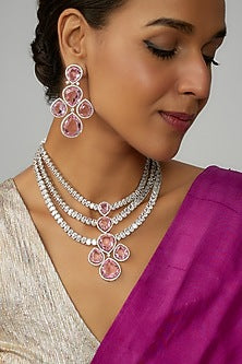 White Finish Pink Stone & Zircon Layered Necklace Set