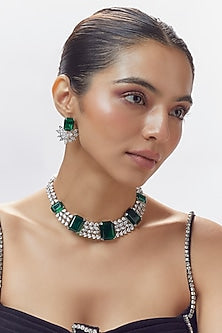 White Finish Green Stone & Zircon Necklace Set