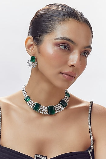 White Finish Green Stone & Zircon Necklace Set