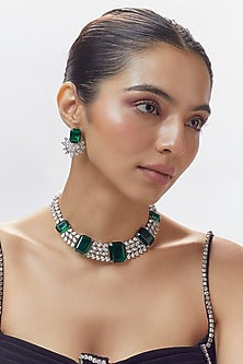 White Finish Green Stone & Zircon Necklace Set