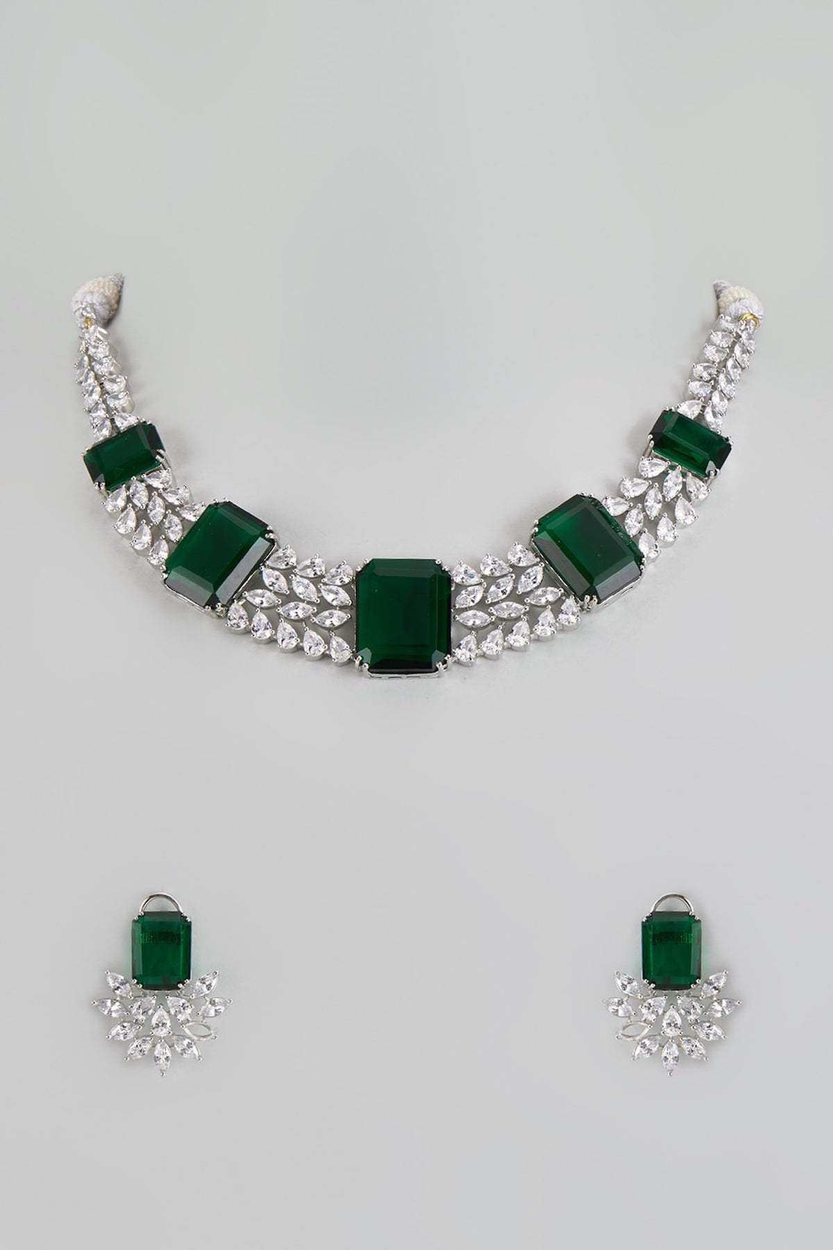White Finish Green Stone & Zircon Necklace Set