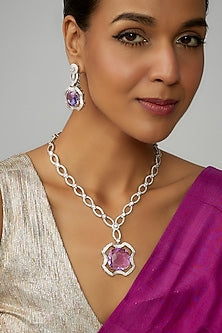 White Finish Purple Stone & Zircon Long Necklace Set