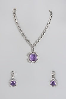 White Finish Purple Stone & Zircon Long Necklace Set