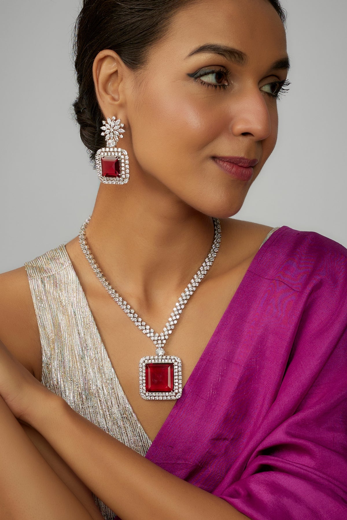 White Finish Red Stone & Zircon Long Necklace Set