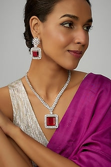 White Finish Red Stone & Zircon Long Necklace Set