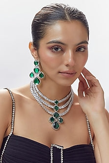 White Finish Green Stone & Zircon Layered Necklace Set