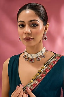 White Finish Zircon & Red Stone Necklace Set