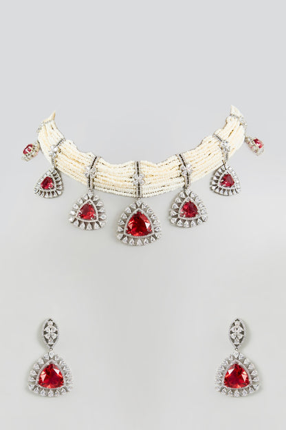 White Finish Zircon & Red Stone Necklace Set