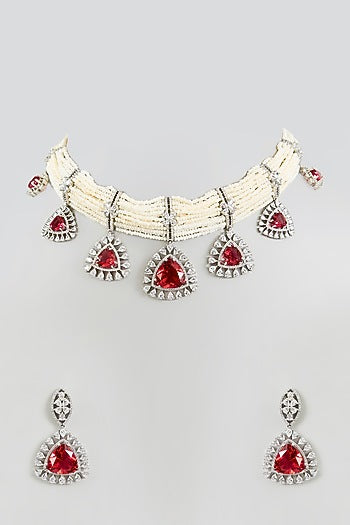 White Finish Zircon & Red Stone Necklace Set