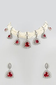 White Finish Zircon & Red Stone Necklace Set
