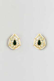 Gold Finish Kundan Polki & Blue Stone Stud Earrings