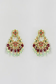 Gold Finish Red Kundan Polki & Pearl Chandbali Earrings