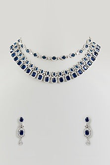 White Finish Zircon & Blue Stone Necklace Set