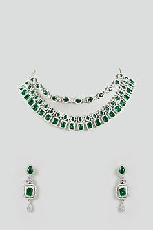 White Finish Zircon & Green Stone Necklace Set