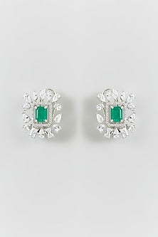 White Finish Zircon & Green Stone Stud Earrings