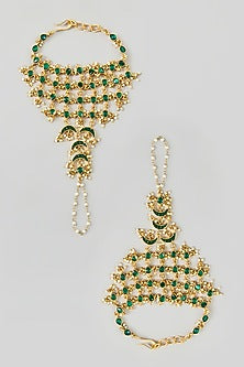Gold Finish Green Kundan Polki Haathphool (Set Of 2)